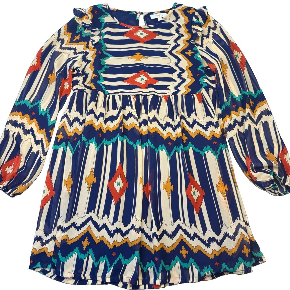 UMGEE Tribal Print Mini Dress Womens M Aztec Blue Empire Waist Lined Roomy